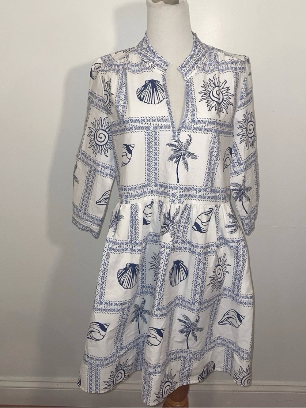 Calypso St. Barth White and Navy Coastal Print Midi Dress
